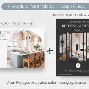 May include: A digital design bundle featuring a 12-color paint palette package titled Traditional Coastal Sherwin-Williams and an interior design guide and workbook titled Residential Design Basics by SJA Interiors Studio with over 50 pages of guidance.