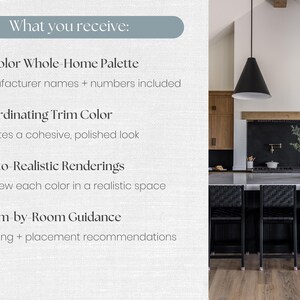 May include: A digital graphic listing features a 12-color whole-home palette, coordinating trim color, photo-realistic renderings, and room-by-room guidance. The right side displays a kitchen with wooden cabinets, black stools, and pendant lights.