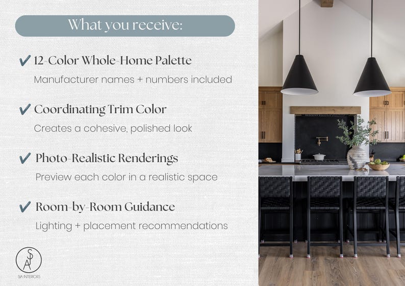 May include: A digital graphic listing features a 12-color whole-home palette, coordinating trim color, photo-realistic renderings, and room-by-room guidance. The right side displays a kitchen with wooden cabinets, black stools, and pendant lights.