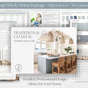 May include: A 22-page digital home design package titled Traditional Coastal Palette by Sherwin-Williams. The document includes color charts, paint sheen guides, and interior photos featuring a kitchen with a blue island and wicker stools.