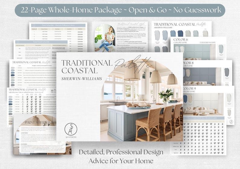 May include: A 22-page digital home design package titled Traditional Coastal Palette by Sherwin-Williams. The document includes color charts, paint sheen guides, and interior photos featuring a kitchen with a blue island and wicker stools.