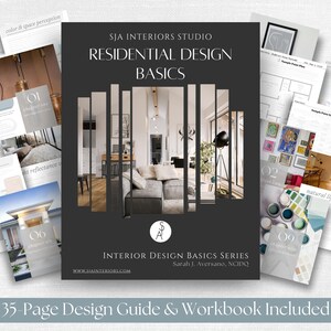 May include: A 35-page residential design guide and workbook titled SJA Interiors Studio Residential Design Basics. The cover features a central photograph of a living room interior, surrounded by various interior design worksheets and pages.