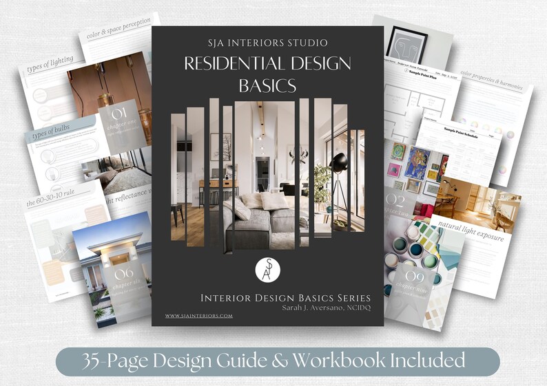 May include: A 35-page residential design guide and workbook titled SJA Interiors Studio Residential Design Basics. The cover features a central photograph of a living room interior, surrounded by various interior design worksheets and pages.
