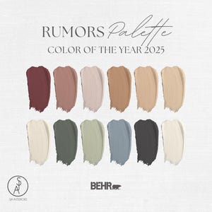 Puede incluir: Una paleta de colores titulada "Rumors Palette, Color del Año 2025" presenta doce muestras de pintura en varios tonos de rojo, rosa, beige, marrón, verde, azul y negro. También están presentes el logotipo de Behr y un logotipo de SA Interiors.