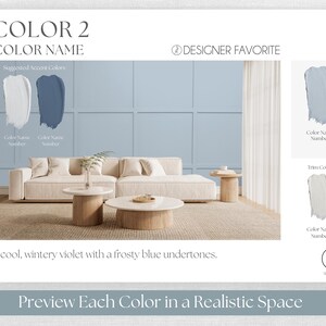 May include: A color palette guide featuring a cool, wintry violet wall color with frosty blue undertones. The layout includes text labels for color names, numbers, suggested accent colors, and a trim color, alongside a room visualization.