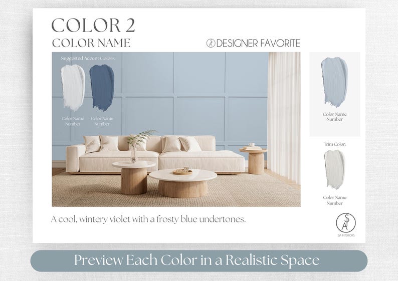 May include: A color palette guide featuring a cool, wintry violet wall color with frosty blue undertones. The layout includes text labels for color names, numbers, suggested accent colors, and a trim color, alongside a room visualization.
