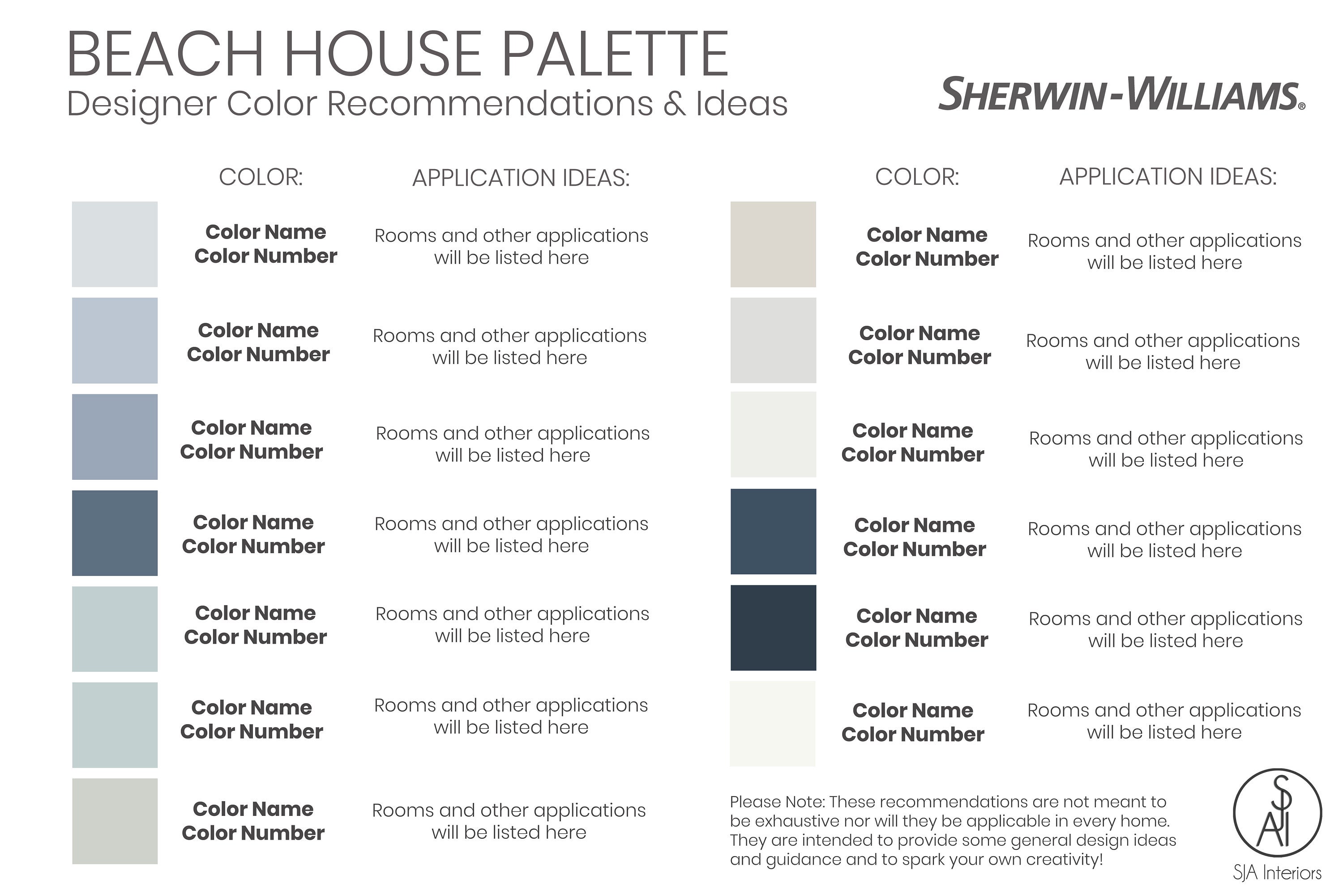 Beach House Paint Palette Sherwin Williams Interior Paint - Etsy