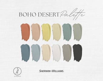 May include: A color palette titled "Boho Desert Palette" featuring 12 paint swatches in various shades of orange, beige, yellow, green, blue, and gray. The Sherwin-Williams logo is visible at the bottom. The palette is designed for interior design and home decor.