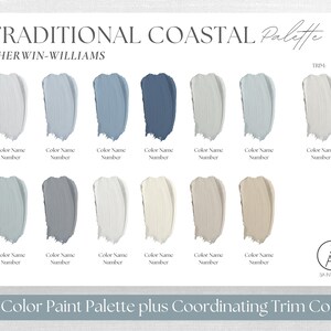 May include: A Sherwin-Williams Traditional Coastal paint palette card featuring 12 color swatches in shades of blue, gray, white, and beige, with a designated trim color. The text reads Traditional Coastal Palette, Sherwin-Williams, and 12-Color Paint Palette plus Coordinating Trim Color.