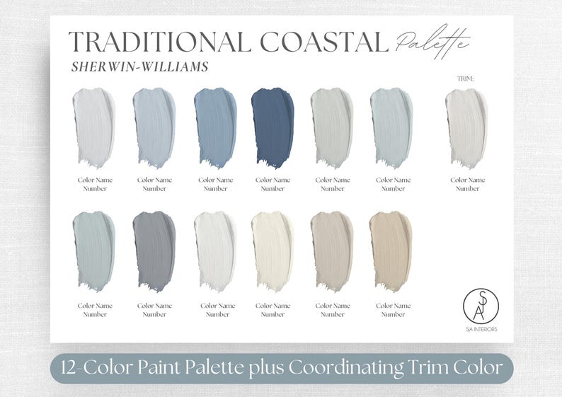 May include: A Sherwin-Williams Traditional Coastal paint palette card featuring 12 color swatches in shades of blue, gray, white, and beige, with a designated trim color. The text reads Traditional Coastal Palette, Sherwin-Williams, and 12-Color Paint Palette plus Coordinating Trim Color.