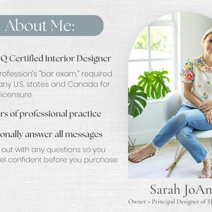 May include: An informational graphic titled About Me featuring text about an NCIDQ certified interior designer with 15 years of experience. A photo shows a person in a floral embroidered blouse and blue jeans sitting on a white rocking chair.