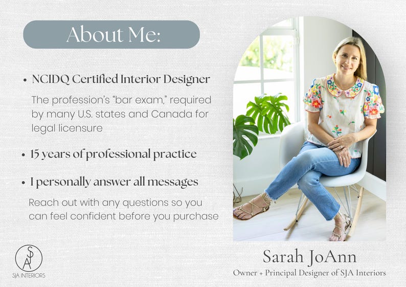 May include: An informational graphic titled About Me featuring text about an NCIDQ certified interior designer with 15 years of experience. A photo shows a person in a floral embroidered blouse and blue jeans sitting on a white rocking chair.