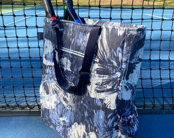 Tennis Tote Pickleball Tote Tall & Thin Tennis PIckleball Tote Blue Black White Abstract Floral Pickleball Bag Tennis Adjustable Straps