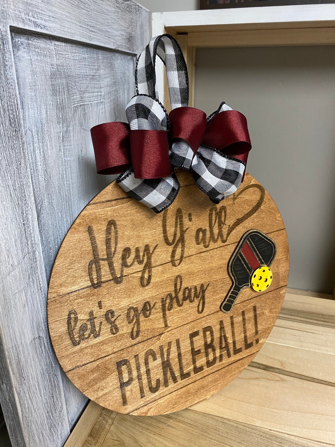 Hey Y'all Pickleball Door Hanger Wooden Laser Cut & Engraved 12