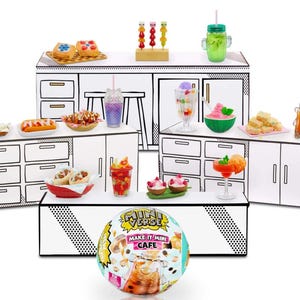 May include: A white and black miniature cafe playset with a variety of miniature food and drink items. The set includes a counter, shelves, and a variety of accessories. The set is packaged in a clear plastic sphere with the text "Make It Mini Cafe" printed on it.