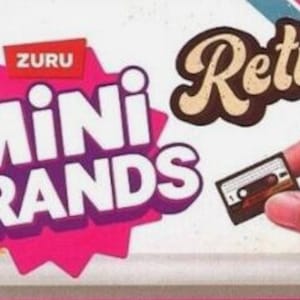 May include: A pink and purple starburst design with the text "Mini Brands" and "Zuru" in white. The text "Retro" is in brown with a retro font. A hand is holding a miniature cassette tape.
