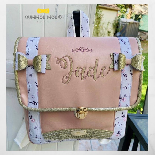 cartable en simili cuir et coton pour fille avec personnalisation broderie - cartable avec prénom - cadeau enfant