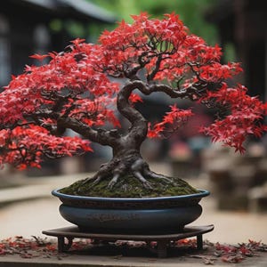 May include: A Japanese maple bonsai with striking red leaves. The tree features a gnarled trunk and branches, set in a blue ceramic pot on a wooden stand. Fallen leaves are scattered around the base, creating a serene scene.