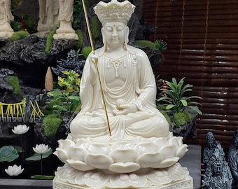 Ivory White Ksitigarbha Bodhisattva Statue, Handcrafted Composite Sculpture, Buddhist Altar Decor, H 8.7-13"