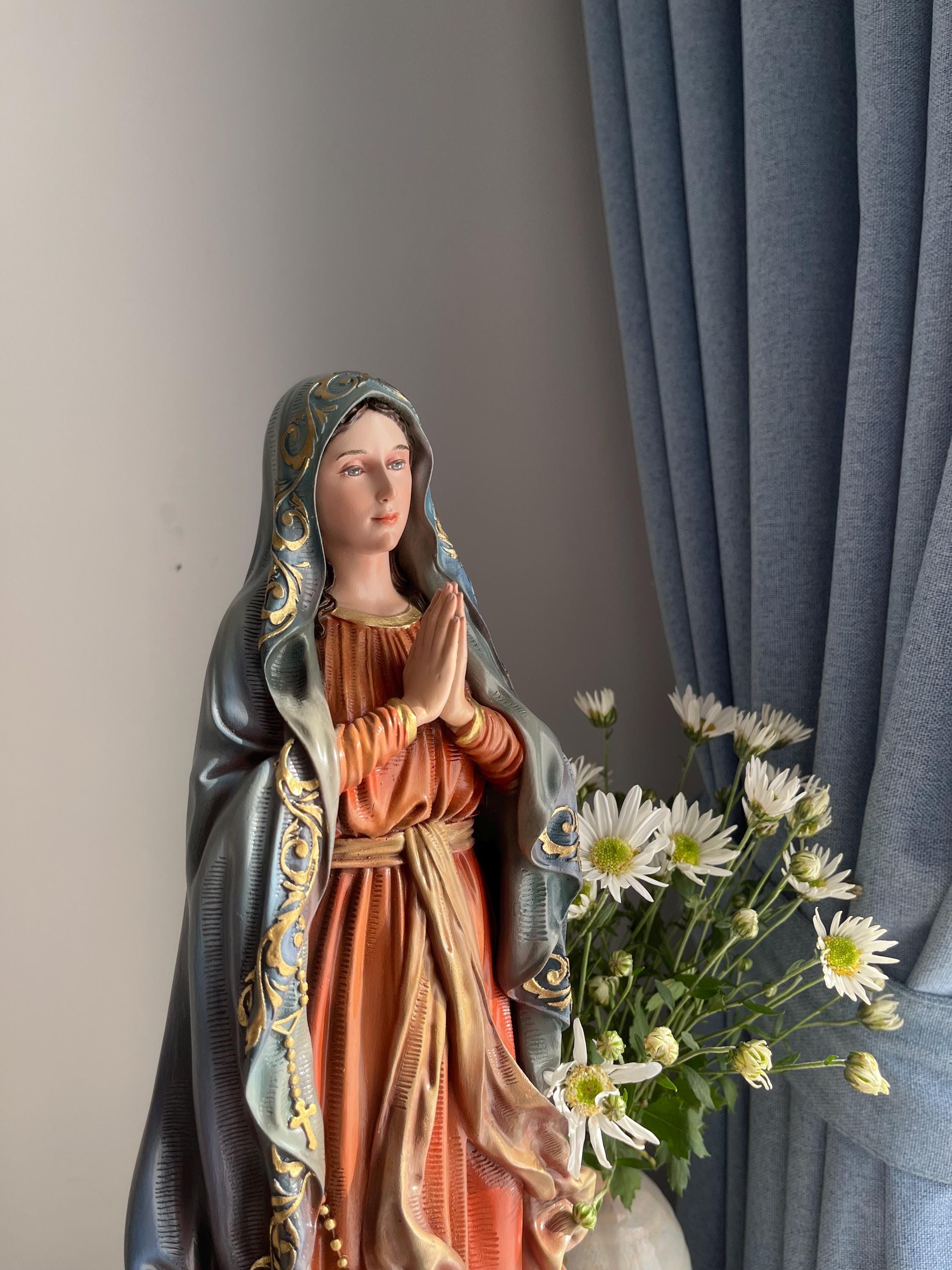 Hand-painted Virgin Mary Statue: Dark Blue Robe, Catholic Home Decor - Etsy