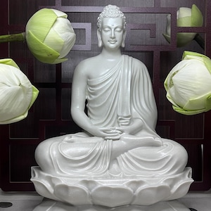 White Shakyamuni Buddha in Dhyana Mudra, Gautama Buddha sitting on Lotus Pedestal Statue, Home Decor, H 12,2&quot;