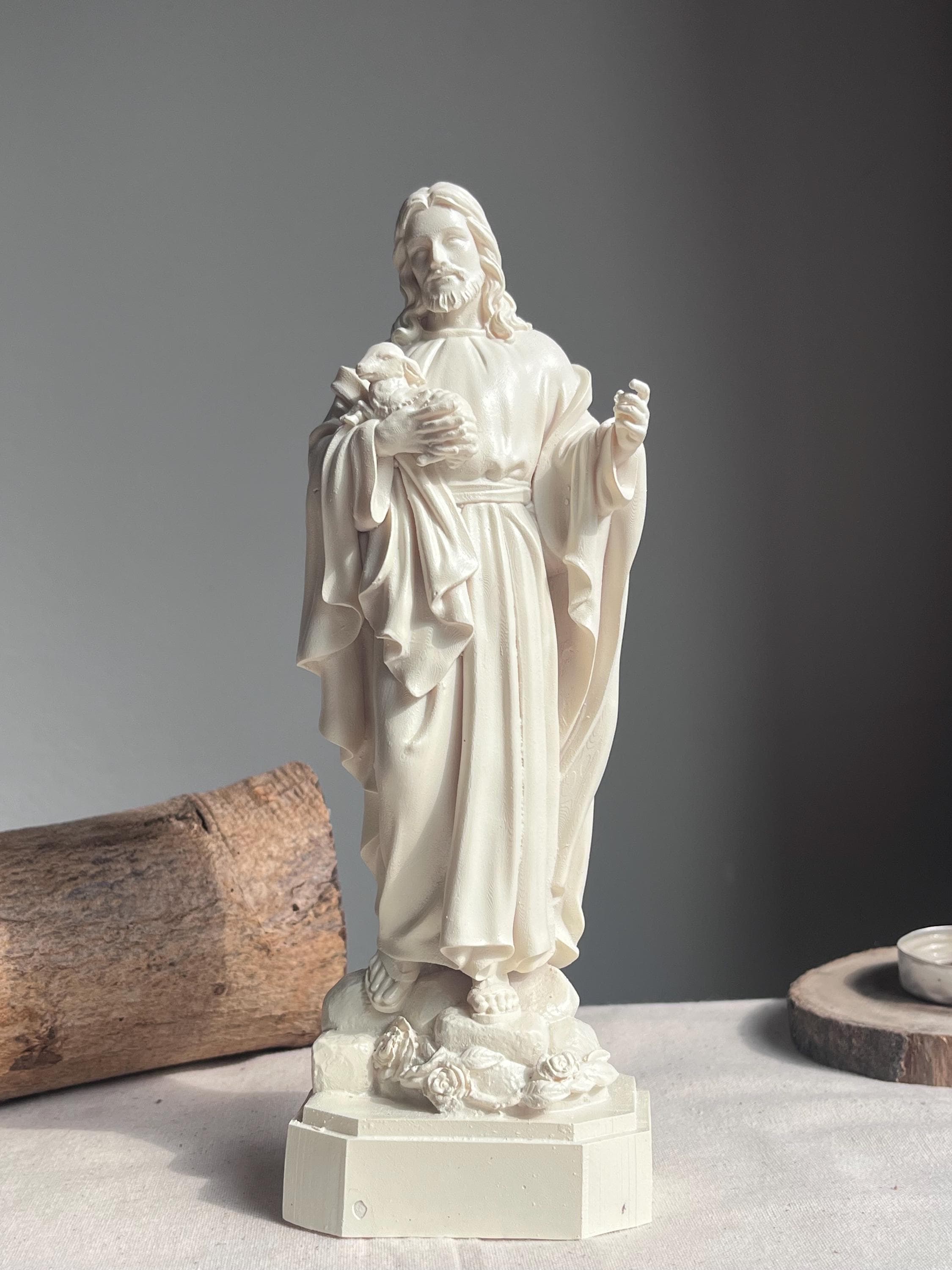 White Jesus Holding Lamb Statue, Composite Jesus Statue, H 7.8