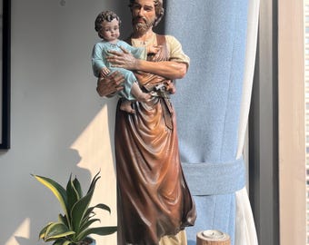 Hand-Painted Saint Joseph Statue with Jesus Baby: Catholic Home Decor (H 20&quot;)