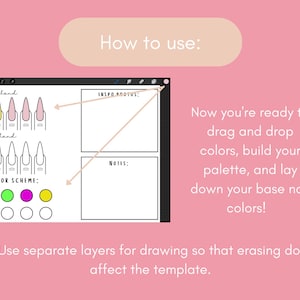 Peut inclure: Mod&egrave;le num&eacute;rique de conception d'ongles sur fond rose. Le mod&egrave;le comprend des sch&eacute;mas d'ongles, une palette de couleurs et des sections pour les photos d'inspiration et les notes. Le texte comprend "Comment utiliser :" et des instructions.