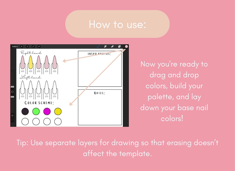 Peut inclure: Mod&egrave;le num&eacute;rique de conception d'ongles sur fond rose. Le mod&egrave;le comprend des sch&eacute;mas d'ongles, une palette de couleurs et des sections pour les photos d'inspiration et les notes. Le texte comprend "Comment utiliser :" et des instructions.