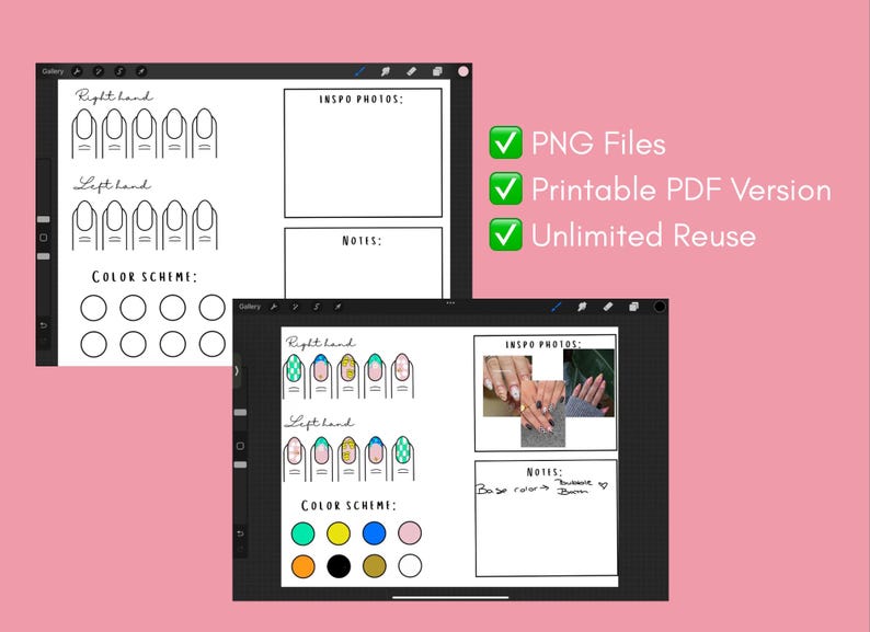 Peut inclure: Mod&egrave;les num&eacute;riques de nail art sur un &eacute;cran de tablette. Les mod&egrave;les comprennent des contours pour les mains droite et gauche, des cercles de couleurs et un espace pour les photos d'inspiration et les notes. Le texte &agrave; l'&eacute;cran indique "PNG Files", "Printable PDF Version" et "Unlimited Reuse".