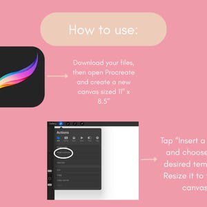 Peut inclure: Fond rose avec des instructions pour l'utilisation de Procreate. L'image comprend l'ic&ocirc;ne de l'application Procreate, une capture d'&eacute;cran de l'interface de l'application et le texte "Comment utiliser : T&eacute;l&eacute;chargez vos fichiers, puis ouvrez Procreate et cr&eacute;ez un nouveau canevas de 28 cm x 22 cm."