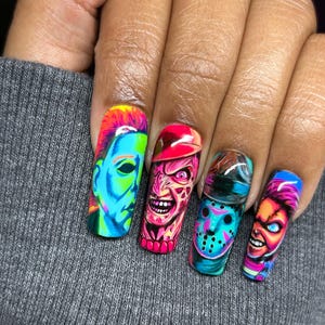 Custom Horror Movie Press On Nails – Freddy, Jason, Chucky, Michael Myers – Hand Painted Long Square Nails – Reusable Nail Art Set