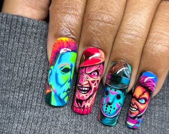 Film d'horreur personnalisé - Presse sur les ongles - Freddy, Jason, Chucky, Michael Myers - Longs ongles carrés peints à la main - Set de nail art réutilisable