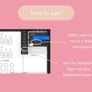 Peut inclure: Mod&egrave;le num&eacute;rique de conception d'ongles sur &eacute;cran de tablette, avec des formes d'ongles, des cercles de sch&eacute;mas de couleurs et des instructions de calques. Le texte indique "How to use:" et fournit des &eacute;tapes pour ajouter et d&eacute;finir des calques.