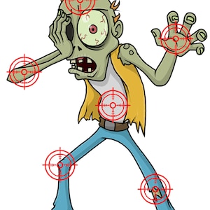 May include: A cartoon zombie with a green face and red eyes is shown with red target circles on its head, arm, torso, and legs. The text "SHOOT ZOMBIE" is at the top of the image.
