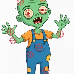 May include: A cartoon zombie target for kids, featuring a green zombie character with red crosshairs on the head, arms, and body. The zombie wears blue overalls, an orange shirt, and red shoes. The text "KIDS ZOMBIE TARGET" is displayed at the top.