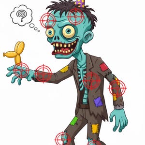May include: Cartoon illustration of a zombie target with red crosshairs on various body parts. The zombie is wearing a party hat and holding a balloon animal. The text "FUNNY ZOMBIE TARGET" is at the top.