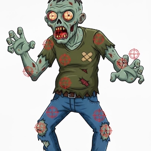 May include: A cartoon illustration of a zombie target with the text "ZOMBIE ADBIE FUN TARGET" in red. The zombie is green with red bullseye targets on its body, wearing a torn green shirt and blue jeans.