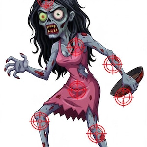 May include: Illustration of a zombie woman in a pink dress with red target circles. The text "ZOMBIE MAYHEM TARGET" is at the top. The zombie has gray skin, black hair, and a gruesome expression. The image is on a white background.