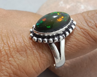 Anillo de plata de ley con ópalo etíope, gema arcoíris, joyería hecha a mano.