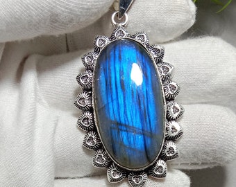 Blue Labradorite Pendant, Handmade 925 Sterling Silver Gemstone Jewelry