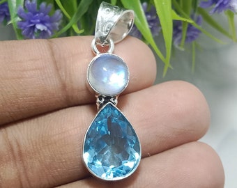 Blue Topaz Rainbow Moonstone Pendant Necklace 925 Sterling Silver Pendant Handmade Statement Pendant Topaz Jewelry Christmas Gift For Women