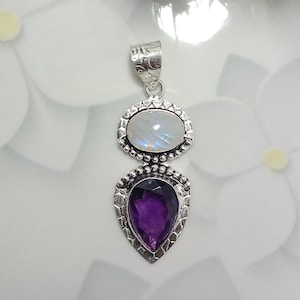 Purple Amethyst Blue Moonstone Pendant 925 Sterling Silver Pendant Handmade Gemstone Pendant Amethyst Valentines Day Gift Jewelry For Wife
