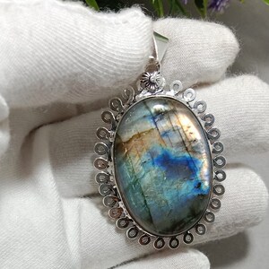 Natural Large Blue Fire Labradorite Pendant 925 Sterling Silver Handmade Statement Pendant Labradorite Jewelry Anniversary Gift For Wife Mom