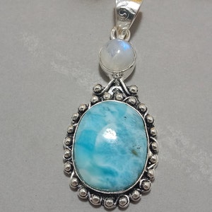 Larimar Pendant, Moonstone Pendant, 925 Sterling Silver Pendant, Statement Pendant Necklace Larimar Moonstone Jewelry Christmas Gift for Her