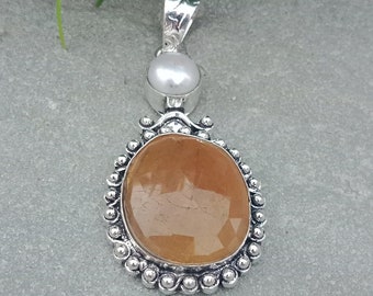Large Yellow Sapphire Freshwater Pearl Pendant Pure 925 Sterling Silver Handmade Design Pendant Sapphire Jewelry Gemstone Pendant Necklace