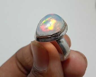 Anillo de ópalo etíope en forma de pera arcoíris, plata de ley 925, joyería llamativa