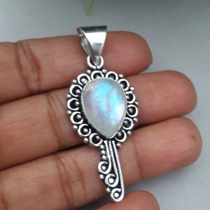Natural Blue Fire Rainbow Moonstone Pendant Pure 925 Sterling Silver Pendant Gemstone Pendant Handmade Statement Pendant Wedding Gift