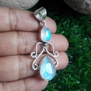 Rainbow Moonstone Pendant 925 Sterling Silver Pendant Two Stone Pendant Handmade Statement Pendant Moonstone Valentines day Gift Jewelry