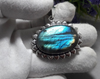 Blue Fire Labradorit Anhänger Halskette, Oval Sterling Silber Schmuck